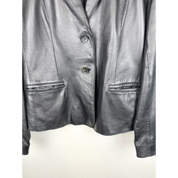 Vintage Y2K 100% Leather Black Blazer Two Button Up Minimalist Jacket Medium - Picture 3 of 12